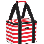 A Scout red and white striped insulated food carrier with a handle. Available at Be Charmed