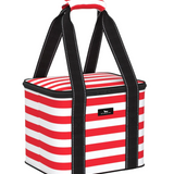 A Scout red and white striped insulated food carrier with a handle. Available at Be Charmed