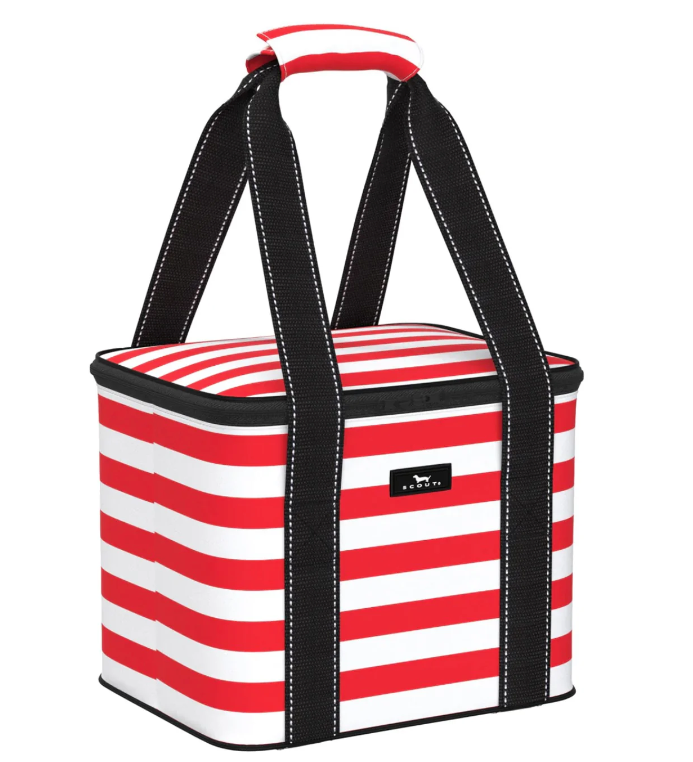 A Scout red and white striped insulated food carrier with a handle. Available at Be Charmed