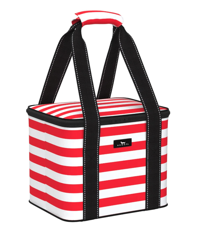 A Scout red and white striped insulated food carrier with a handle. Available at Be Charmed