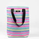A multicolored striped Scout tote bag with black straps and a black logo label. Available at Be Charmed