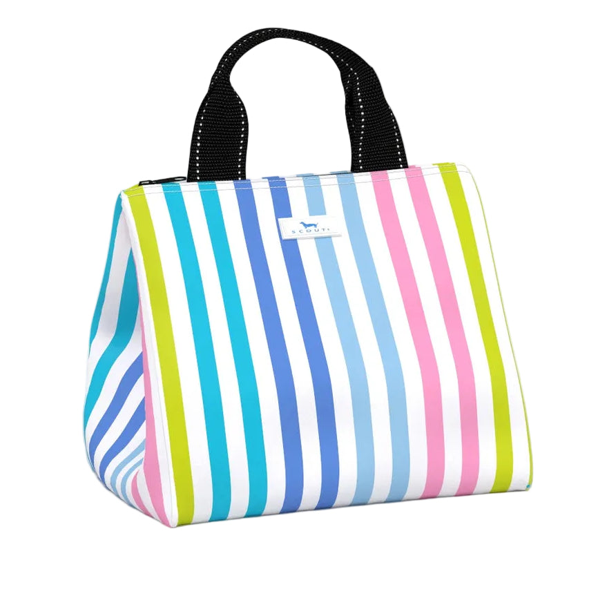 Striped lunch bag with a black handle on a white background. Available at Be Charmed