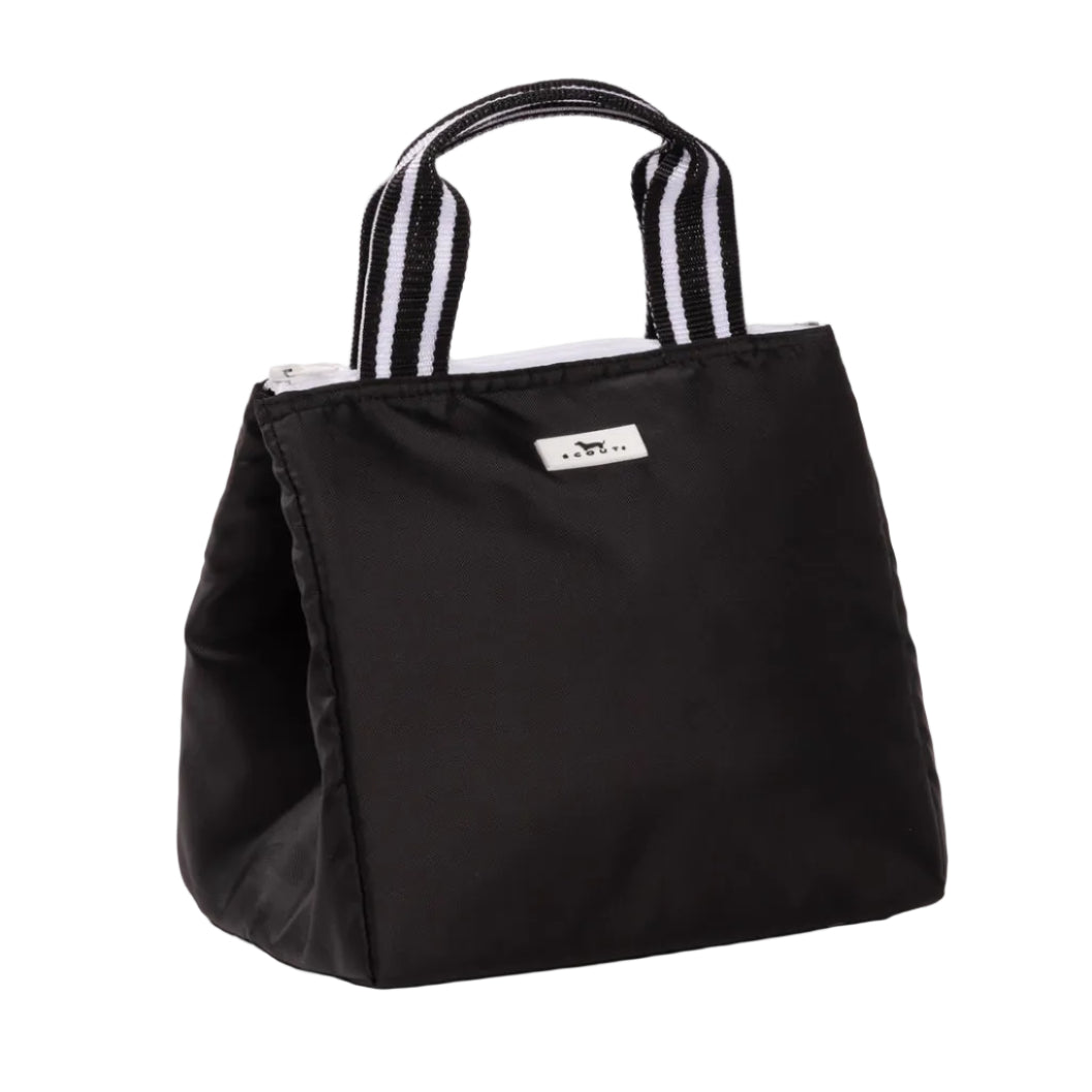 Scout Black lunch bag with striped handles on a white background. Available at Be Charmed