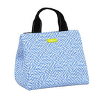 Blue patterned lunch bag with a black handle on a white background. Available at Be Charmed.