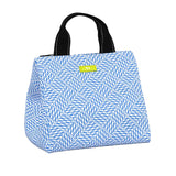 Blue patterned lunch bag with a black handle on a white background. Available at Be Charmed.