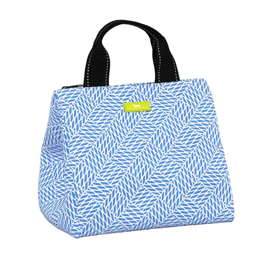 Blue patterned lunch bag with a black handle on a white background. Available at Be Charmed.