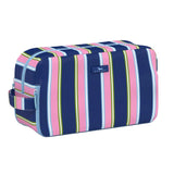 A rectangular zippered Scout pouch with a colorful vertical stripe pattern in navy blue, pink, light blue, yellow, and white, featuring a small blue brand tag on the front. Available at Be Charmed