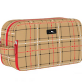 A rectangular toiletry bag with a beige plaid pattern, featuring red and black stripes, a top zipper, a side loop handle, and a small black brand patch on the front. Available at Be Charmed