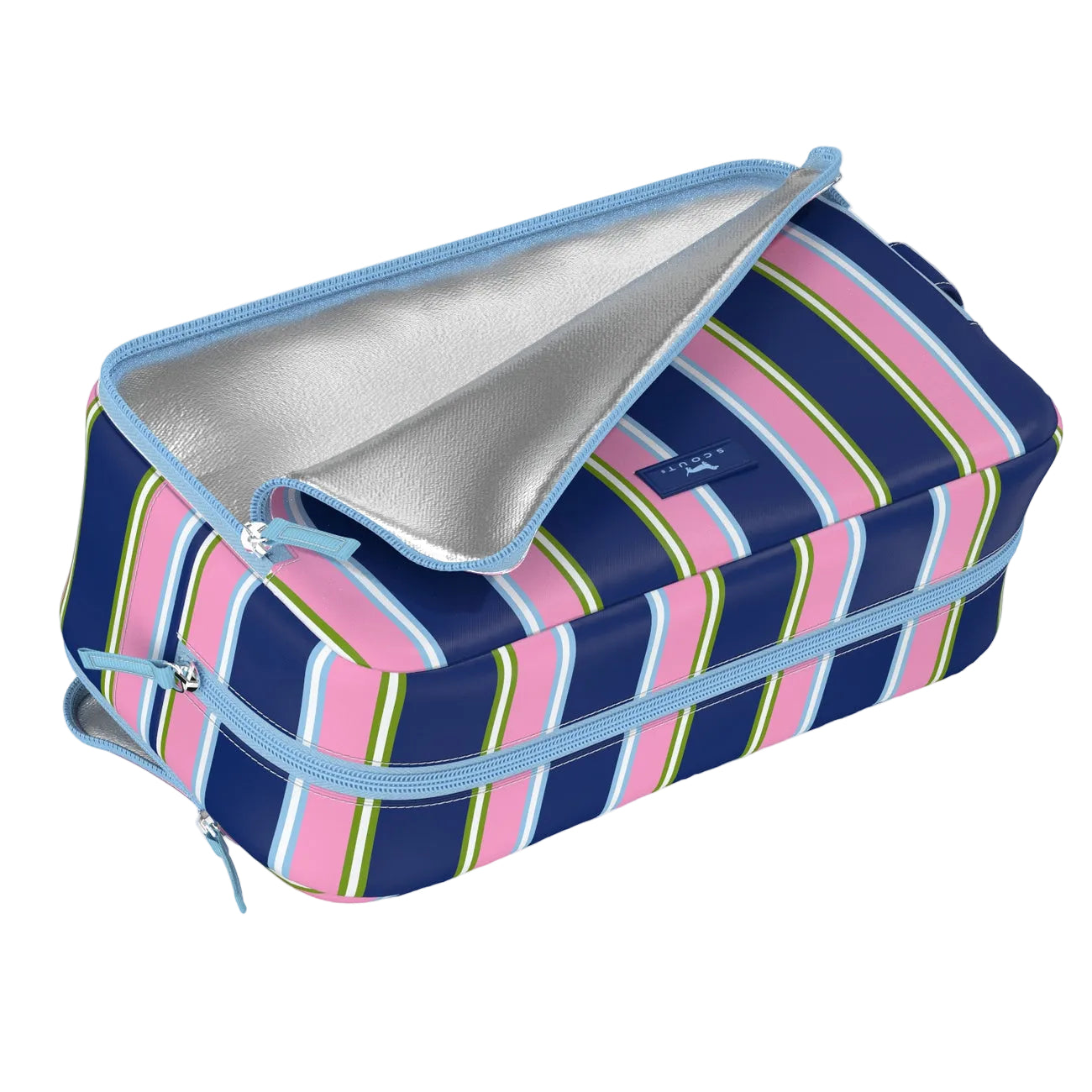 Striped Scout cosmetic bag with blue interior lining on a white background. Available at Be Charmed