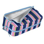Striped Scout cosmetic bag with blue interior lining on a white background. Available at Be Charmed