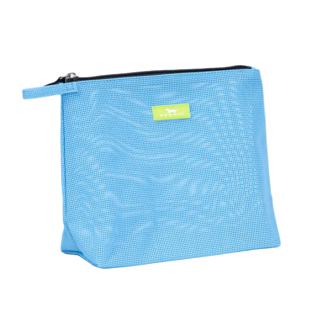 Blue mesh pouch with a logo on awhite background. Available at Be Charmed