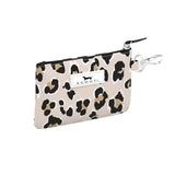 A small leopard-print Scout pouch with a black zipper and a silver metal brand plate reading 'scout', shown on a clean white background. Available at Be Charmed