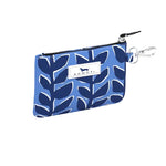 Blue patterned Scout pouch with a brand logo on a white background. Available at Be Charmed