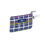 A small zippered Scout pouch with a blue, purple, and white plaid pattern and a yellow stripe, shown on a plain light gray background. Available at Be Charmed
