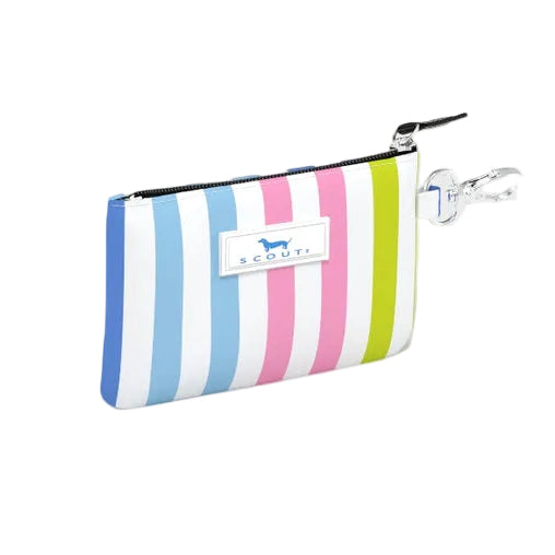 Small striped pouch with a brand logo on a white background. Available at Be Charmed