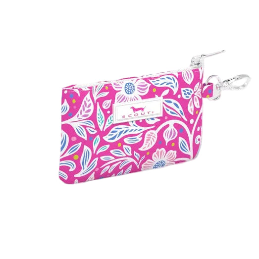 Small pink pouch with floral pattern on a white background. Available at Be Charmed