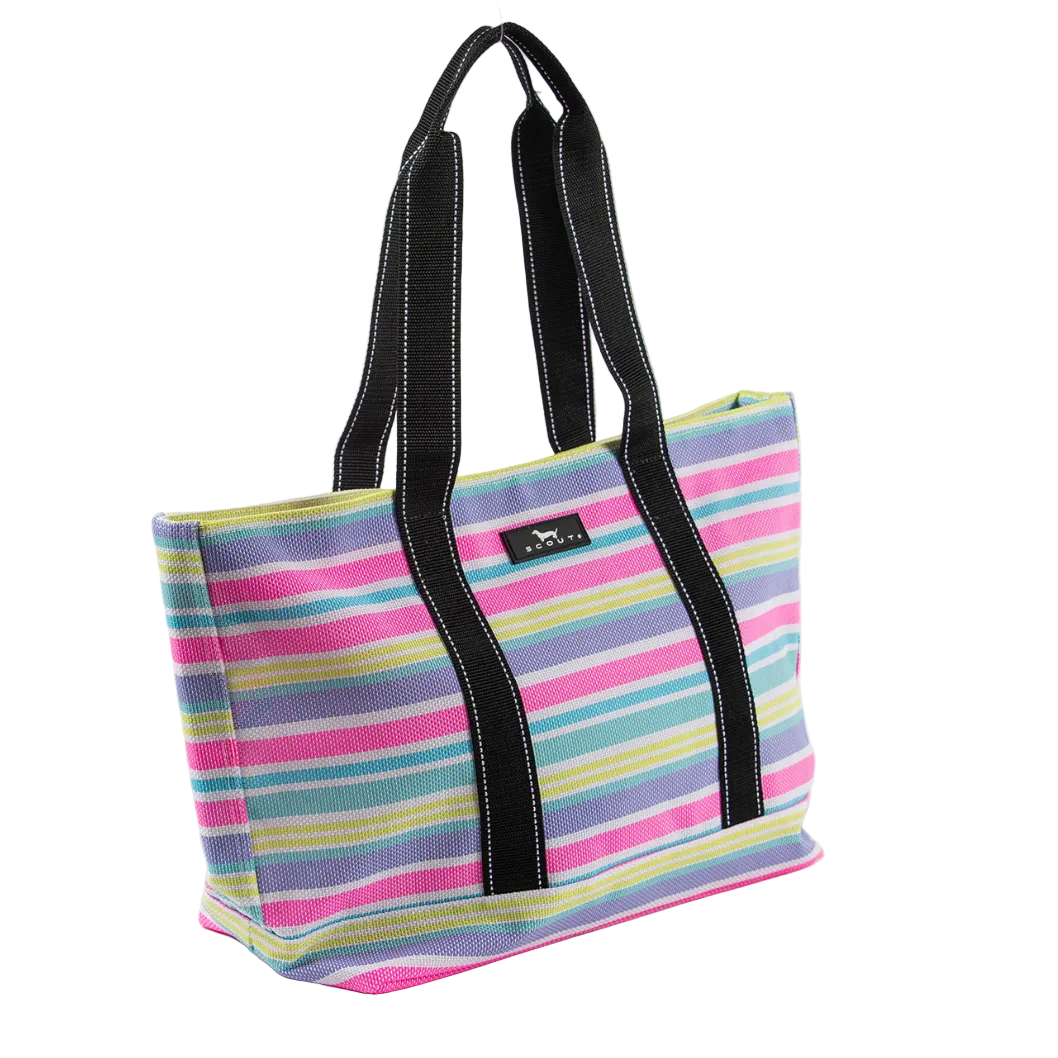 A multi striped Scout tote bag with black straps and a front brand label. Available at Be Charmed