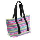 A multi striped Scout tote bag with black straps and a front brand label. Available at Be Charmed