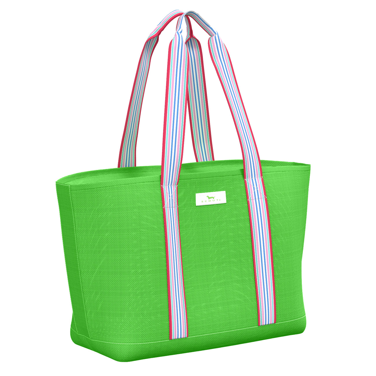 A green tote bag with black straps and a front brand label. Available at Be Charmed