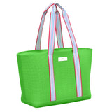 A green tote bag with black straps and a front brand label. Available at Be Charmed