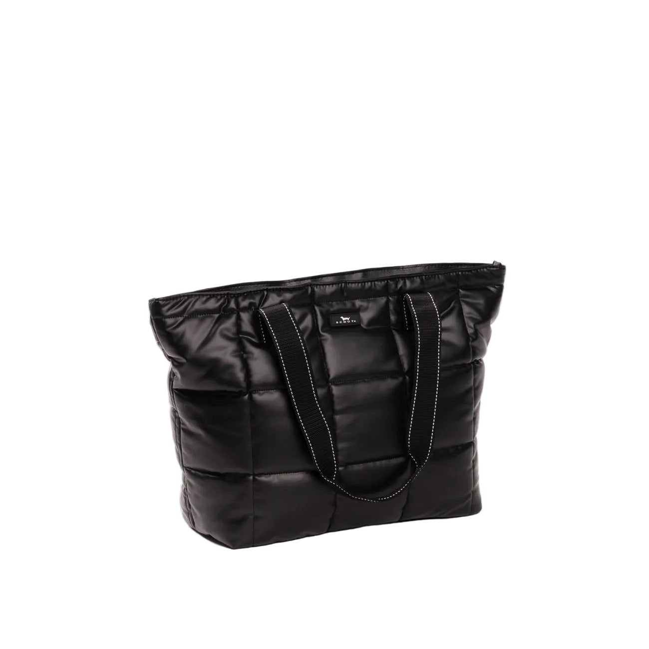 Black quilted Scout tote bag on a white background. Available at Be Charmed