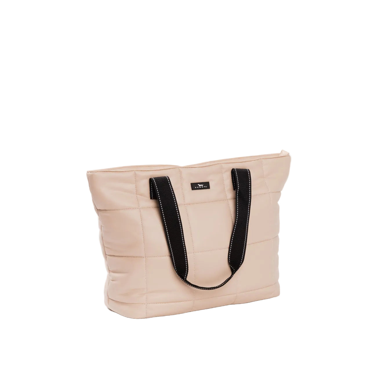 Beige Scout tote bag with black handles on a white background. Available at Be Charmed