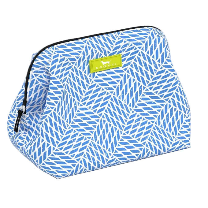 Blue patterned cosmetic bag with a yellow tag on a white background. Available at Be Charmed