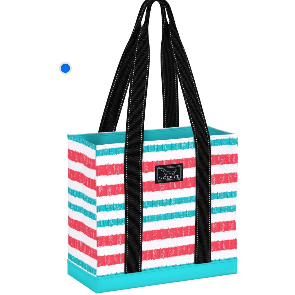 A striped multicolored Scout tote bag with black straps and a black brand logo on the front. Available at Be Charmed