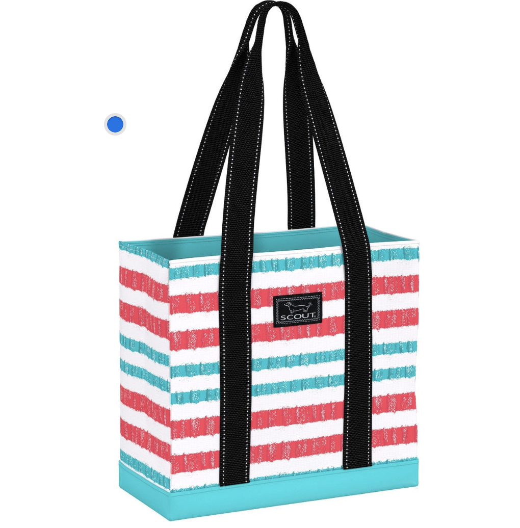 A striped multicolored Scout tote bag with black straps and a black brand logo on the front. Available at Be Charmed