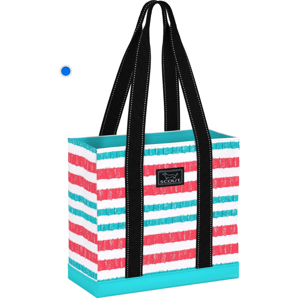 A striped multicolored Scout tote bag with black straps and a black brand logo on the front. Available at Be Charmed