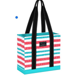 A striped multicolored Scout tote bag with black straps and a black brand logo on the front. Available at Be Charmed