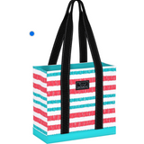 A striped multicolored Scout tote bag with black straps and a black brand logo on the front. Available at Be Charmed