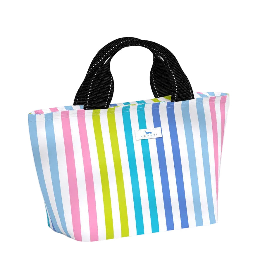 Colorful striped lunch bag with a black handle on a white background. Available at Be Charmed.
