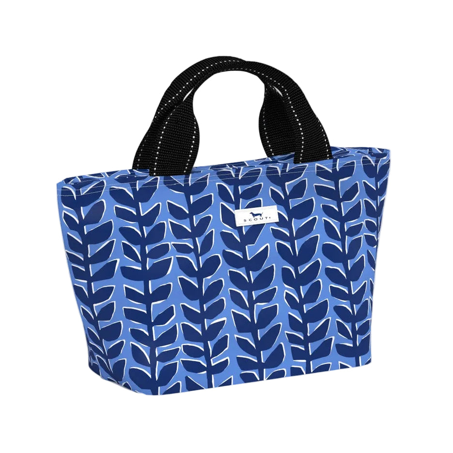 Blue patterned Scout nooner bag with black handles on a white background. Available at Be Charmed