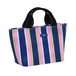 Striped Scout nooner bag with a visible brand logo on a white background. Available at Be Charmed