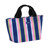 Striped Scout nooner bag with a visible brand logo on a white background. Available at Be Charmed