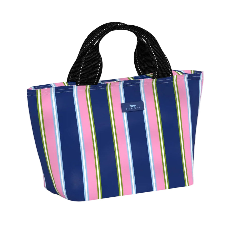 Striped Scout nooner bag with a visible brand logo on a white background. Available at Be Charmed