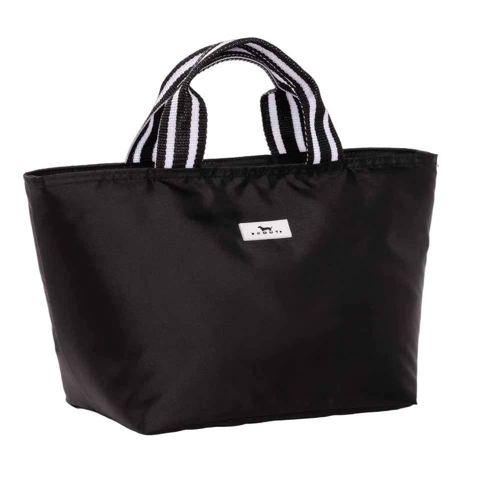Scout Black lunch bag with striped handles on a white background. Available at Be Charmed