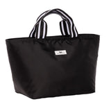 Scout Black lunch bag with striped handles on a white background. Available at Be Charmed