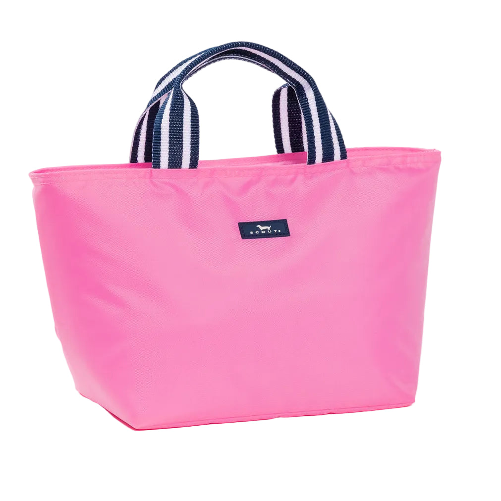 A bright pink insulated Scout lunch bag with navy and white striped fabric handles and a small navy brand patch on the front, photographed on a clean white background. Available at e Charmed