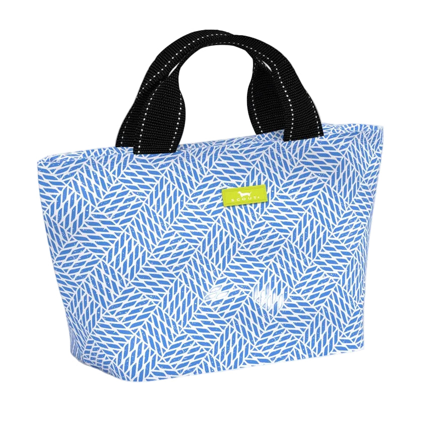 Blue patterned lunch bag with a black handle on a white background. Available at Be Charmed