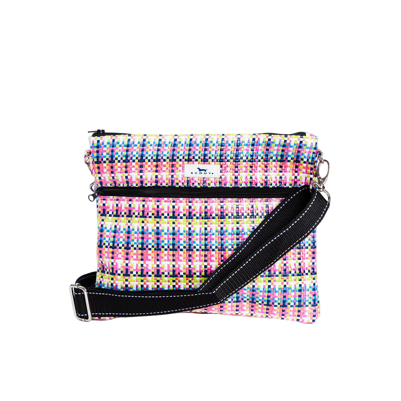 A multicolored woven fabric Scout crossbody bag with a black strap and zipper closure. Available at Be Charmed