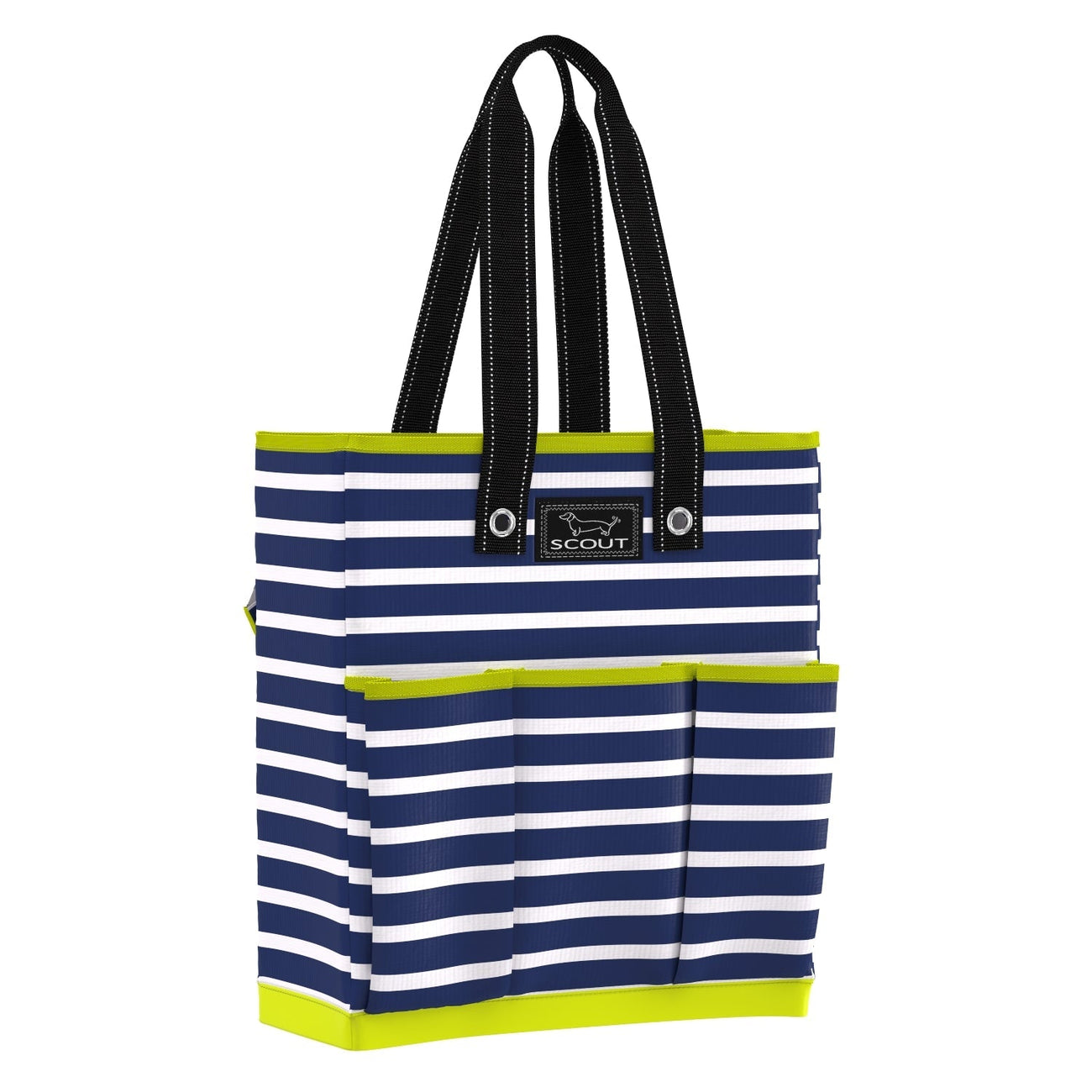 Striped tennis tote bag with Scout logo on a white background. Available at Be Charmed