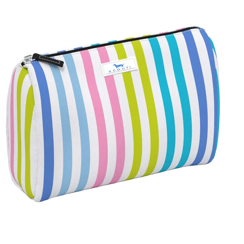 Striped toiletry bag with a brand logo on a white background. Available at Be Charmed