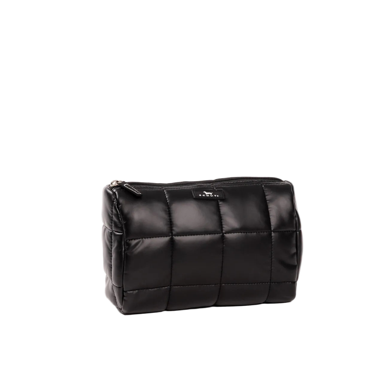 Black quilted Scout cosmetic bag on a white background. Available at Be Charmed