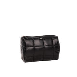 Black quilted Scout cosmetic bag on a white background. Available at Be Charmed