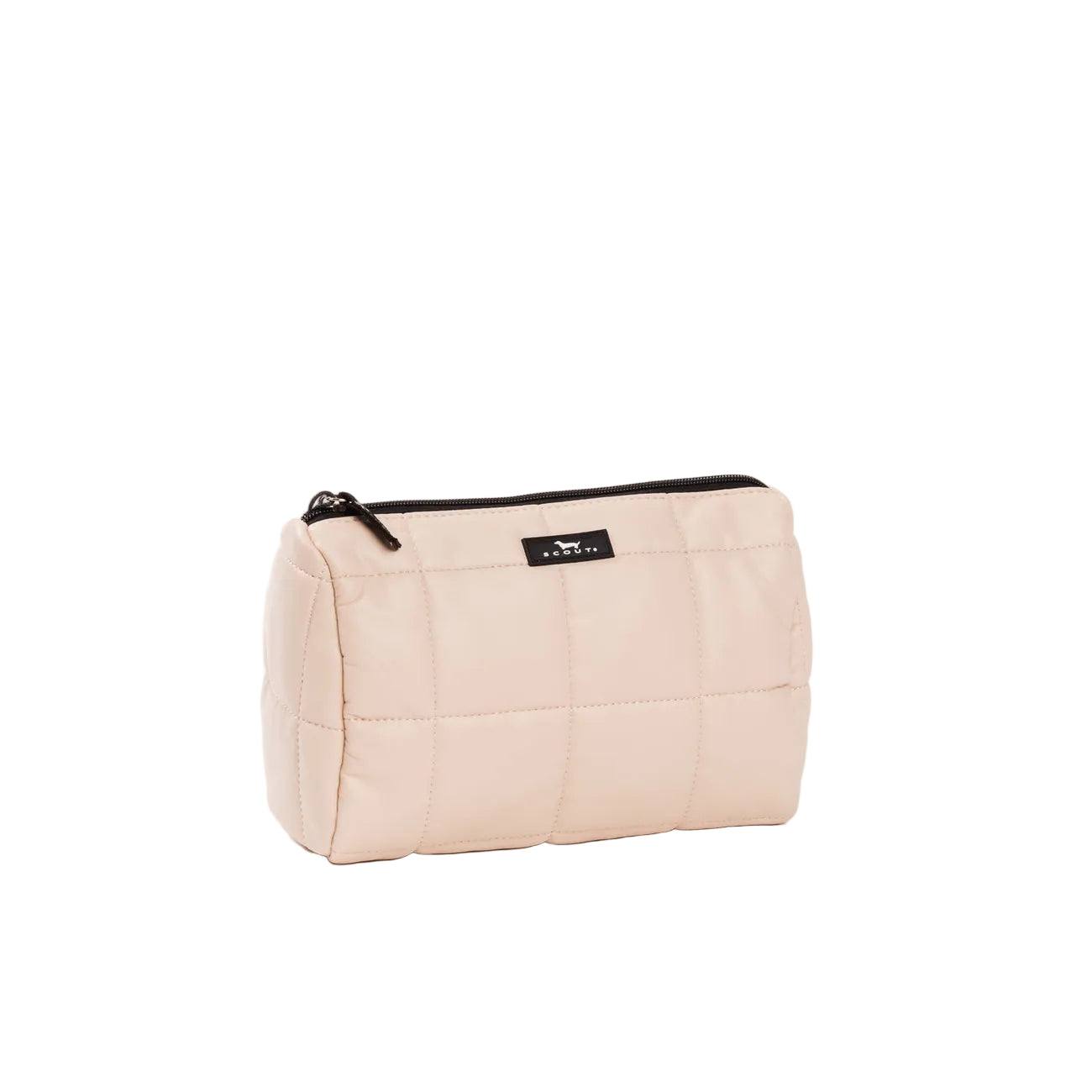 Beige Scout toiletry bag with a black zipper on a white background. Available at Be Charmed