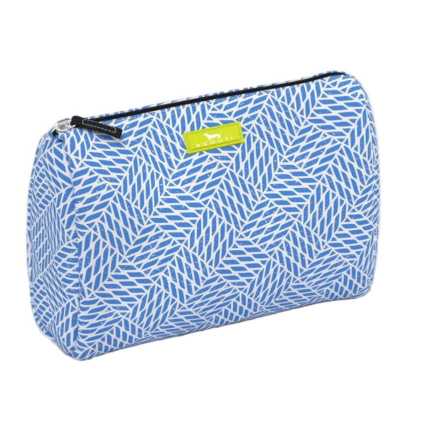Blue patterned pouch with a yellow tag on a white background. Available at Be Charmed