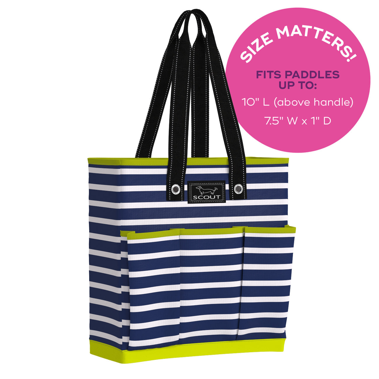 A navy and white striped pickleball bag with yellow accents and a label that reads 'Scout - Size Matters! Fits Paddles Up To 10"'. Available at Be Charmed