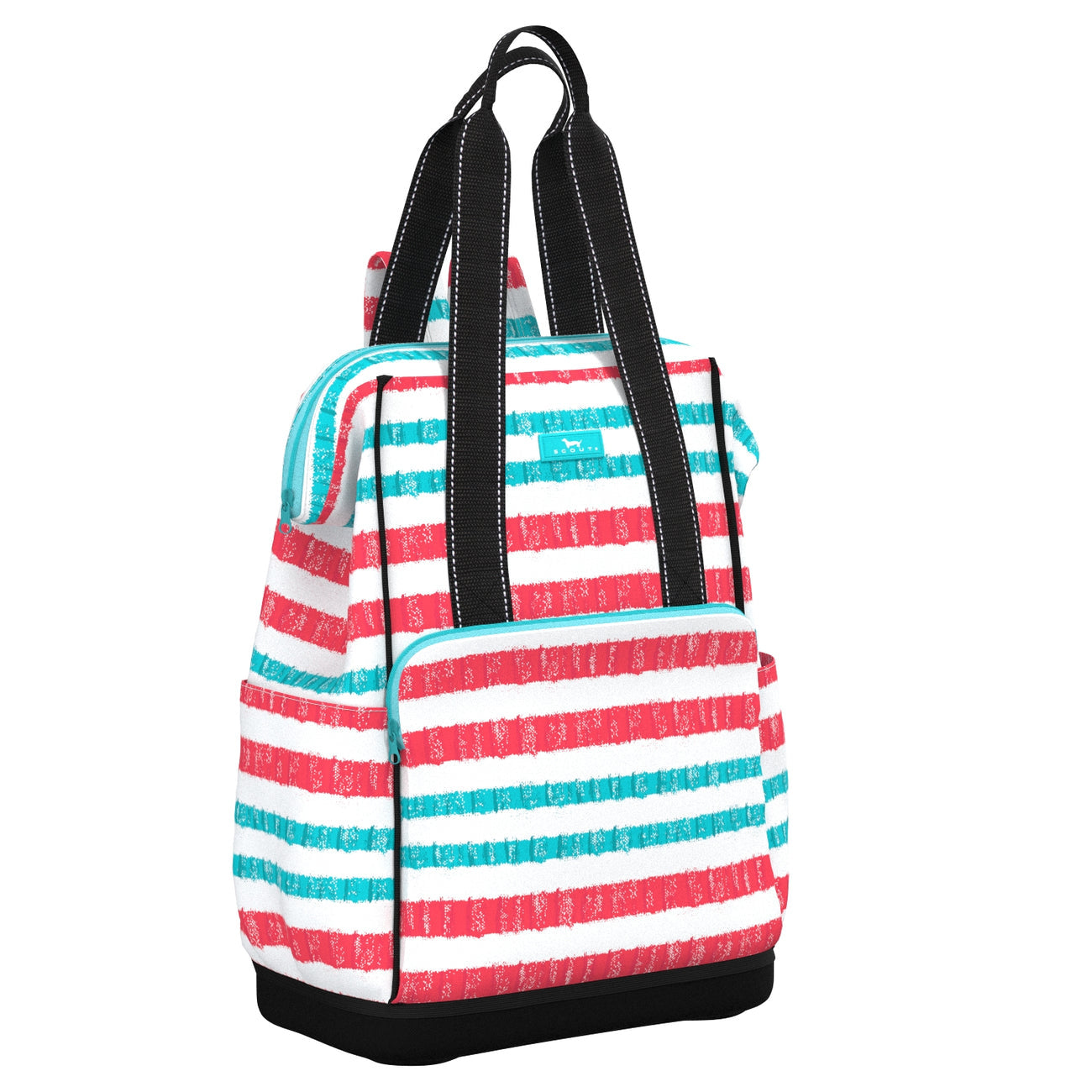 A striped Scout cooler bag with a black strap, featuring a pattern of red, white, and blue stripes. Available at Be Charmed